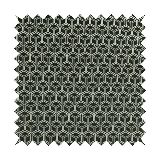 Zenith Collection In Smooth Chenille Finish Black With Grey Colour 3D Cube Geometric Pattern Upholstery Fabric CTR-193