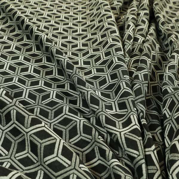 Zenith Collection In Smooth Chenille Finish Black With Grey Colour 3D Cube Geometric Pattern Upholstery Fabric CTR-193 - Handmade Cushions