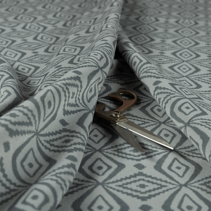 Oman Printed Velour Velvet Kilim Pattern Silver Colour Upholstery Fabric CTR-1935 - Made To Measure Curtains