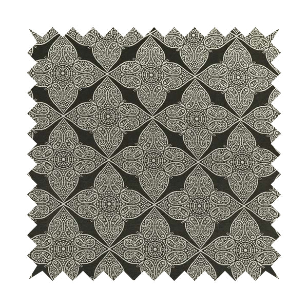 Zenith Collection In Smooth Chenille Finish Black With Grey Colour Medallion Pattern Upholstery Fabric CTR-194