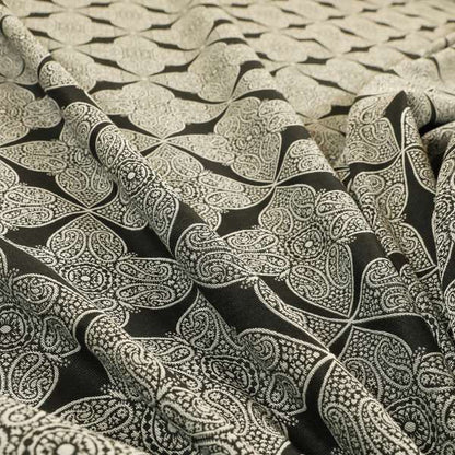 Zenith Collection In Smooth Chenille Finish Black With Grey Colour Medallion Pattern Upholstery Fabric CTR-194