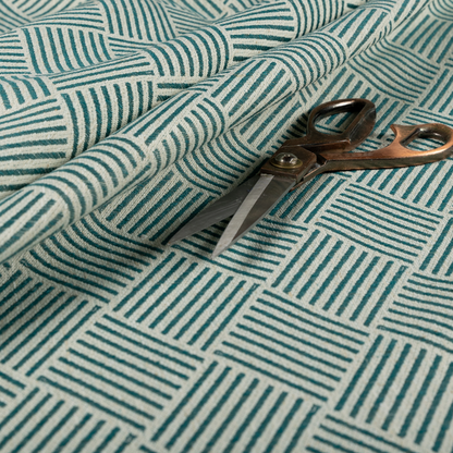 Atlantis Geometric Pattern Teal Blue Chenille Linen Material Upholstery Fabric CTR-2061 - Roman Blinds