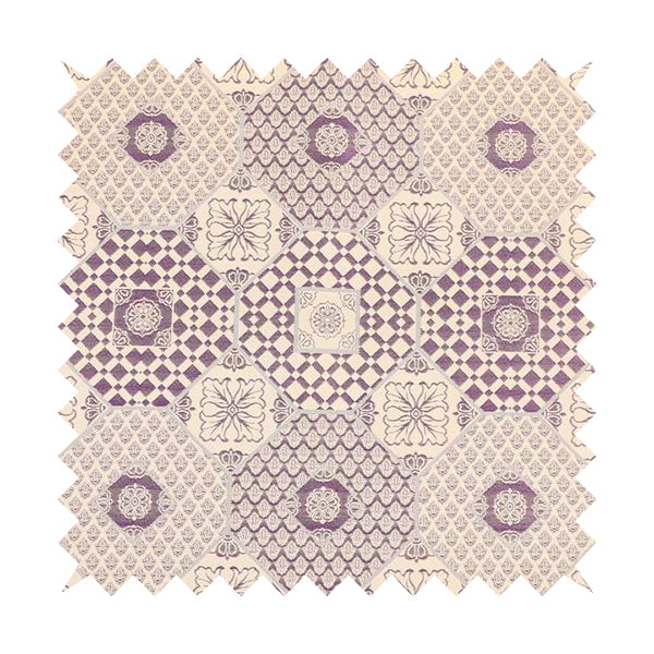 Zenith Collection In Smooth Chenille Finish Purple Colour Patchwork Pattern Upholstery Fabric CTR-214