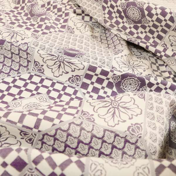 Zenith Collection In Smooth Chenille Finish Purple Colour Patchwork Pattern Upholstery Fabric CTR-214