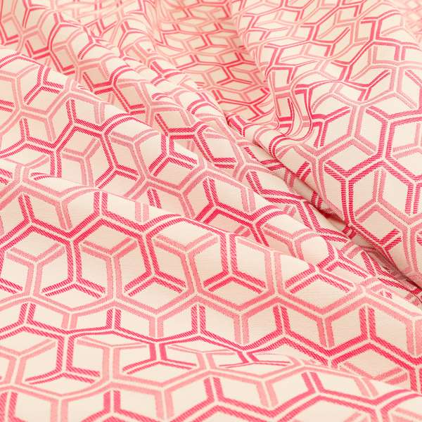 Zenith Collection In Smooth Chenille Finish Raspberry Pink Colour 3D Cube Geometric Pattern Upholstery Fabric CTR-217