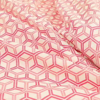 Zenith Collection In Smooth Chenille Finish Raspberry Pink Colour 3D Cube Geometric Pattern Upholstery Fabric CTR-217