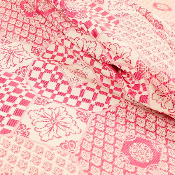 Zenith Collection In Smooth Chenille Finish Raspberry Pink Colour Patchwork Pattern Upholstery Fabric CTR-219