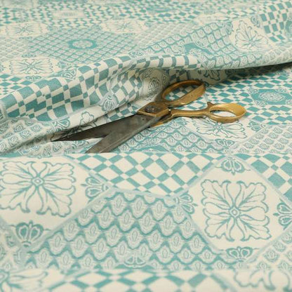 Zenith Collection In Smooth Chenille Finish Teal Green Colour Patchwork Pattern Upholstery Fabric CTR-226 - Made To Measure Curtains