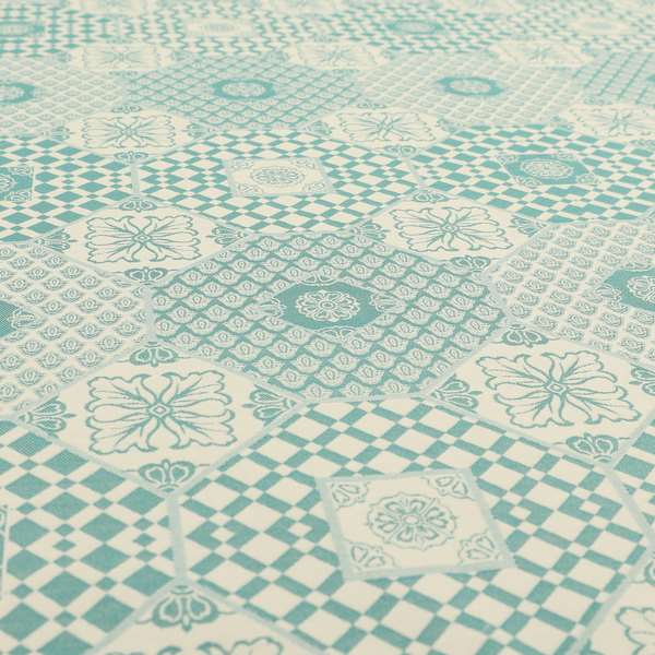 Zenith Collection In Smooth Chenille Finish Teal Green Colour Patchwork Pattern Upholstery Fabric CTR-226 - Roman Blinds