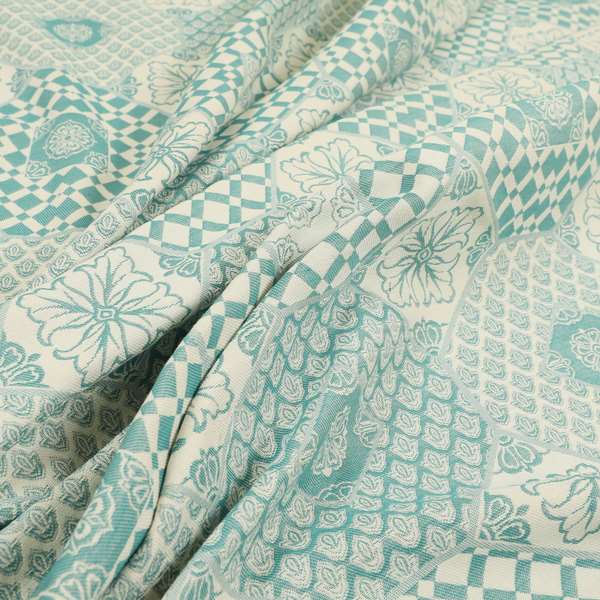 Zenith Collection In Smooth Chenille Finish Teal Green Colour Patchwork Pattern Upholstery Fabric CTR-226 - Roman Blinds