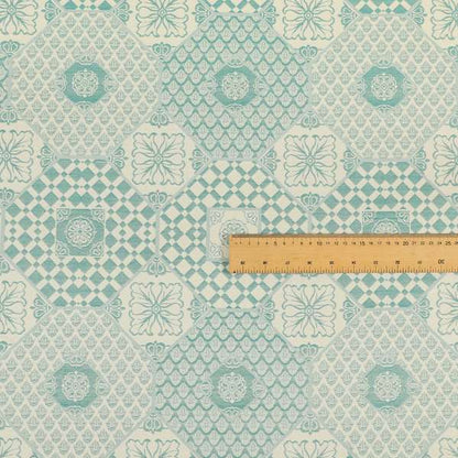 Zenith Collection In Smooth Chenille Finish Teal Green Colour Patchwork Pattern Upholstery Fabric CTR-226