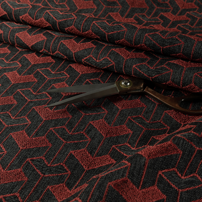 Baha Geometric Key Pattern Black Red Colour Upholstery Fabric CTR-2488 - Made To Measure Curtains