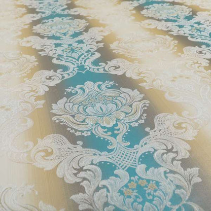 Esma Traditional Damask Pattern Fabric Blue Cream Colour Interior Fabrics CTR-25 - Made To Measure Curtains