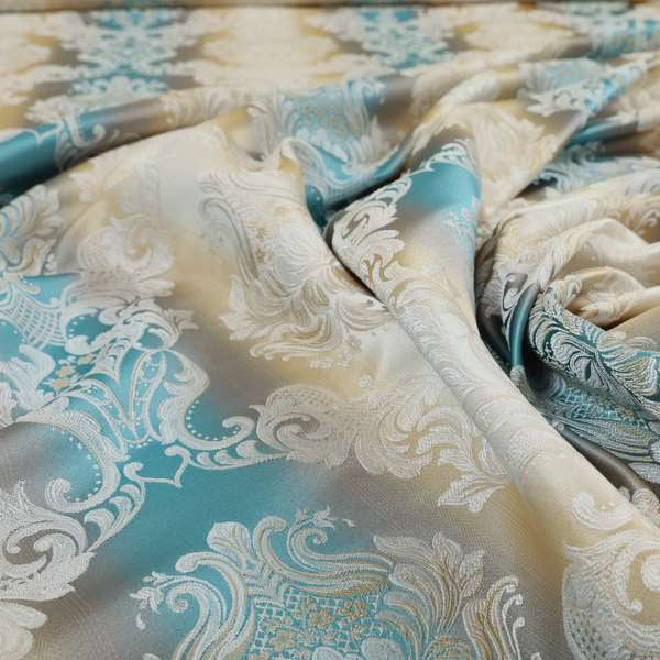 Esma Traditional Damask Pattern Fabric Blue Cream Colour Interior Fabrics CTR-25 - Made To Measure Curtains