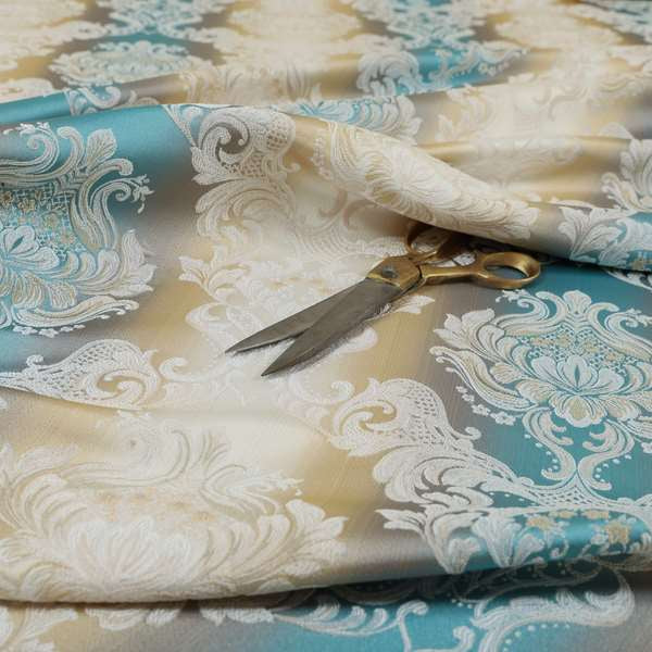 Esma Traditional Damask Pattern Fabric Blue Cream Colour Interior Fabrics CTR-25 - Made To Measure Curtains