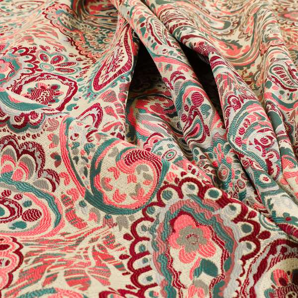 Colarto Collection Burgundy Red Teal Colour In Paisley Pattern Chenille Furnishing Fabric CTR-254 - Handmade Cushions