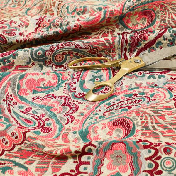 Colarto Collection Burgundy Red Teal Colour In Paisley Pattern Chenille Furnishing Fabric CTR-254 - Roman Blinds