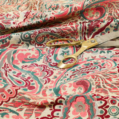 Colarto Collection Burgundy Red Teal Colour In Paisley Pattern Chenille Furnishing Fabric CTR-254