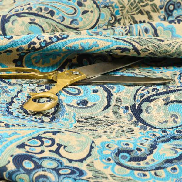 Colarto Collection Blue Colour In Paisley Pattern Chenille Furnishing Fabric CTR-260 - Made To Measure Curtains