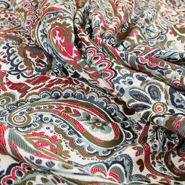 Colarto Collection Red Blue Colour In Paisley Pattern Chenille Furnishing Fabric CTR-266 - Made To Measure Curtains