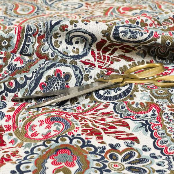 Colarto Collection Red Blue Colour In Paisley Pattern Chenille Furnishing Fabric CTR-266 - Made To Measure Curtains