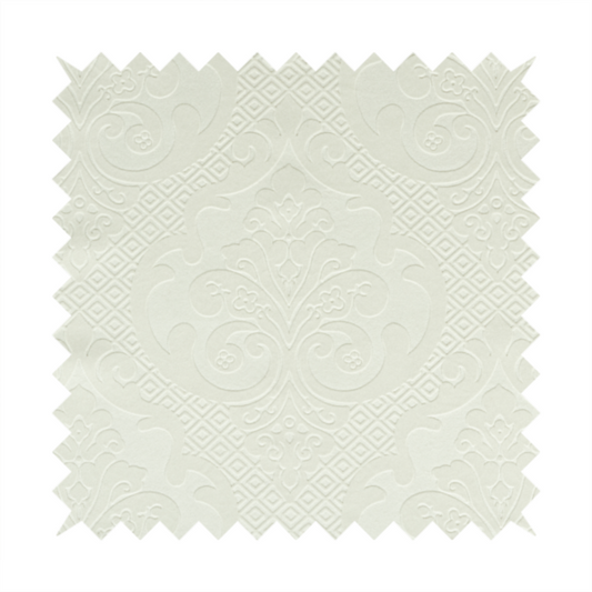 Agra Velveteen Embossed Damask Pattern Upholstery Curtains Fabric In White Velvet CTR-2763
