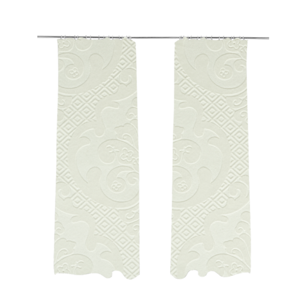 Agra Velveteen Embossed Damask Pattern Upholstery Curtains Fabric In White Velvet CTR-2763 - Made To Measure Curtains