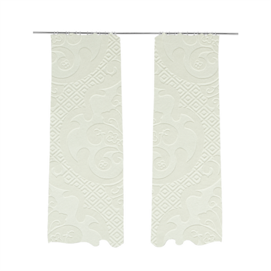 Agra Velveteen Embossed Damask Pattern Upholstery Curtains Fabric In White Velvet CTR-2763 - Made To Measure Curtains