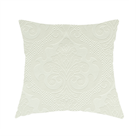 Agra Velveteen Embossed Damask Pattern Upholstery Curtains Fabric In White Velvet CTR-2763 - Handmade Cushions