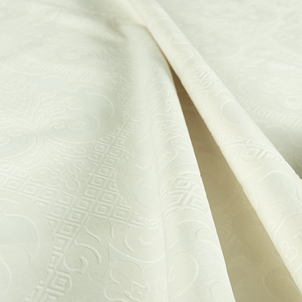 Agra Velveteen Embossed Damask Pattern Upholstery Curtains Fabric In White Velvet CTR-2763