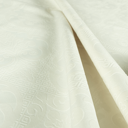 Agra Velveteen Embossed Damask Pattern Upholstery Curtains Fabric In White Velvet CTR-2763