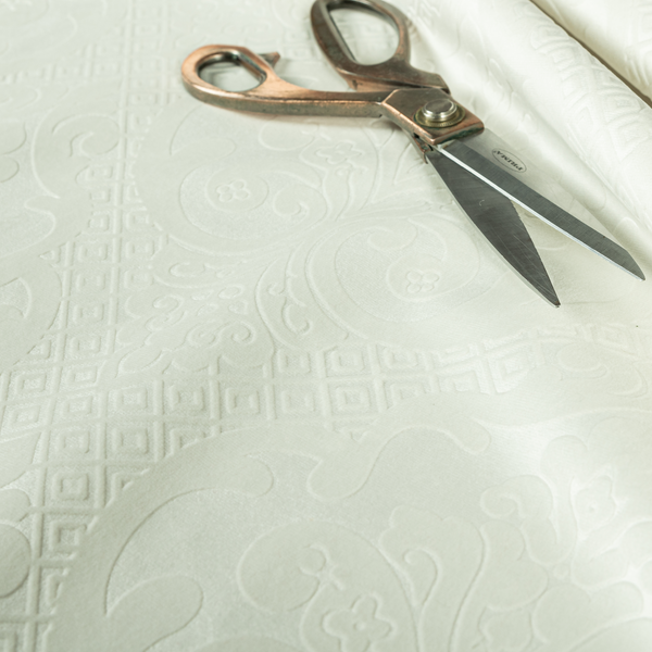 Agra Velveteen Embossed Damask Pattern Upholstery Curtains Fabric In White Velvet CTR-2763 - Roman Blinds