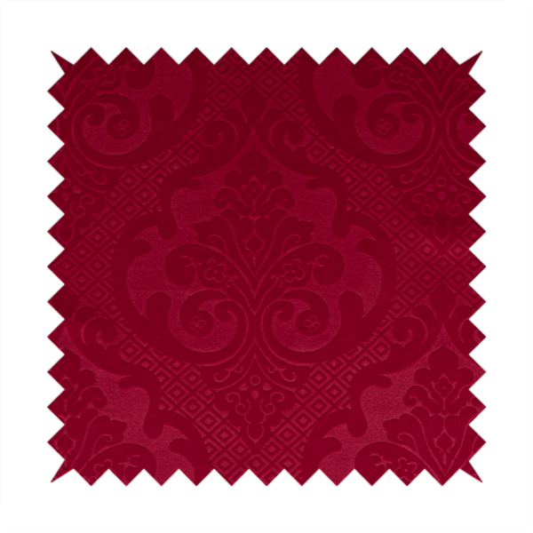 Agra Velveteen Embossed Damask Pattern Upholstery Curtains Fabric In Red Velvet CTR-2764