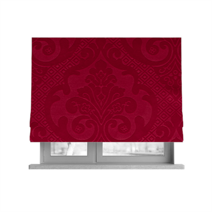 Agra Velveteen Embossed Damask Pattern Upholstery Curtains Fabric In Red Velvet CTR-2764 - Roman Blinds