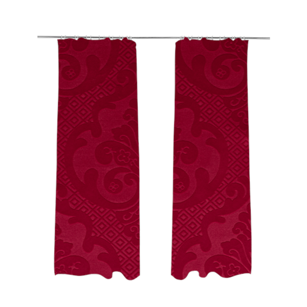 Agra Velveteen Embossed Damask Pattern Upholstery Curtains Fabric In Red Velvet CTR-2764 - Made To Measure Curtains