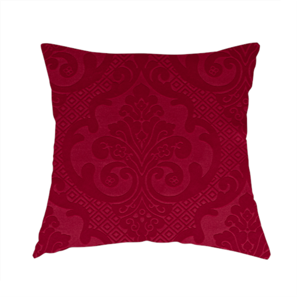 Agra Velveteen Embossed Damask Pattern Upholstery Curtains Fabric In Red Velvet CTR-2764 - Handmade Cushions