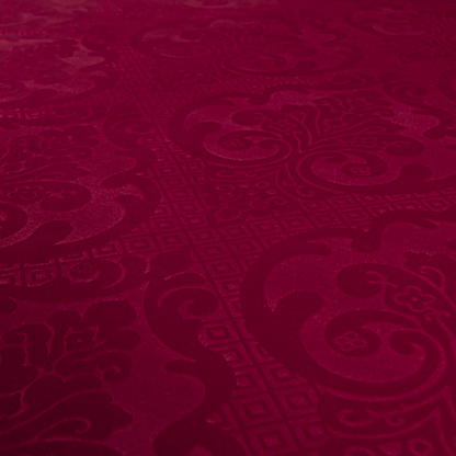 Agra Velveteen Embossed Damask Pattern Upholstery Curtains Fabric In Red Velvet CTR-2764 - Made To Measure Curtains