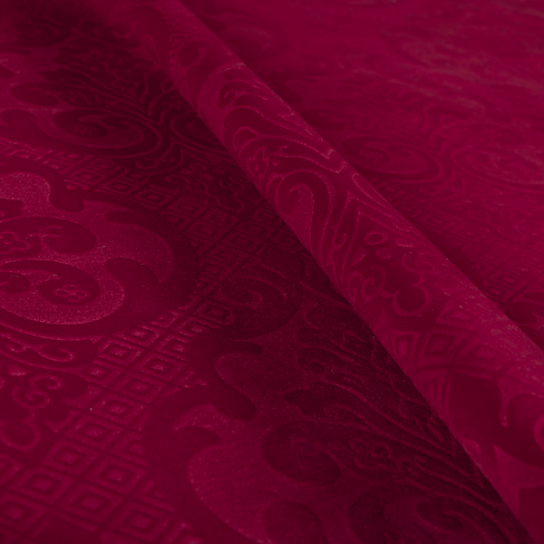 Agra Velveteen Embossed Damask Pattern Upholstery Curtains Fabric In Red Velvet CTR-2764