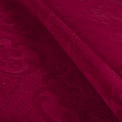 Agra Velveteen Embossed Damask Pattern Upholstery Curtains Fabric In Red Velvet CTR-2764