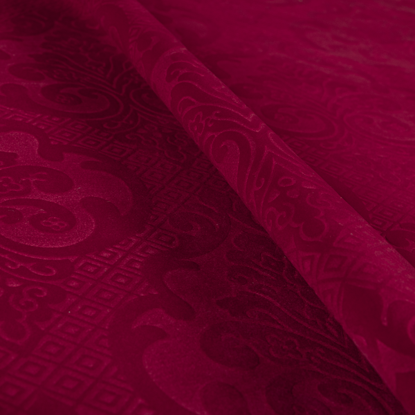 Agra Velveteen Embossed Damask Pattern Upholstery Curtains Fabric In Red Velvet CTR-2764 - Made To Measure Curtains