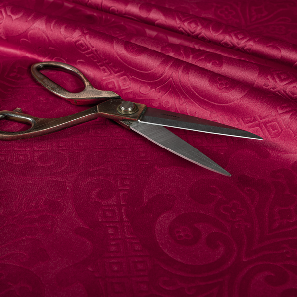 Agra Velveteen Embossed Damask Pattern Upholstery Curtains Fabric In Red Velvet CTR-2764