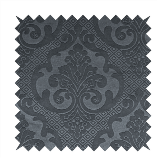 Agra Velveteen Embossed Damask Pattern Upholstery Curtains Fabric In Grey Velvet CTR-2768