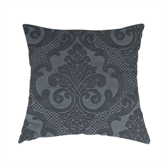 Agra Velveteen Embossed Damask Pattern Upholstery Curtains Fabric In Grey Velvet CTR-2768 - Handmade Cushions