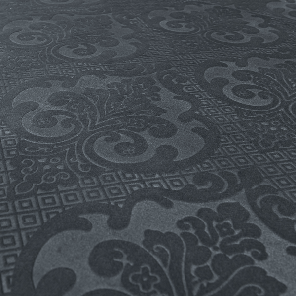 Agra Velveteen Embossed Damask Pattern Upholstery Curtains Fabric In Grey Velvet CTR-2768 - Made To Measure Curtains