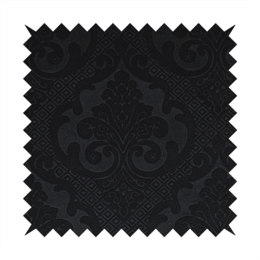 Agra Velveteen Embossed Damask Pattern Upholstery Curtains Fabric In Black Velvet CTR-2769