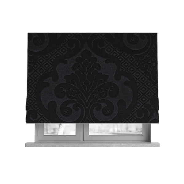 Agra Velveteen Embossed Damask Pattern Upholstery Curtains Fabric In Black Velvet CTR-2769 - Roman Blinds