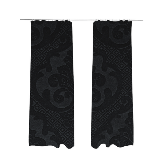 Agra Velveteen Embossed Damask Pattern Upholstery Curtains Fabric In Black Velvet CTR-2769 - Made To Measure Curtains