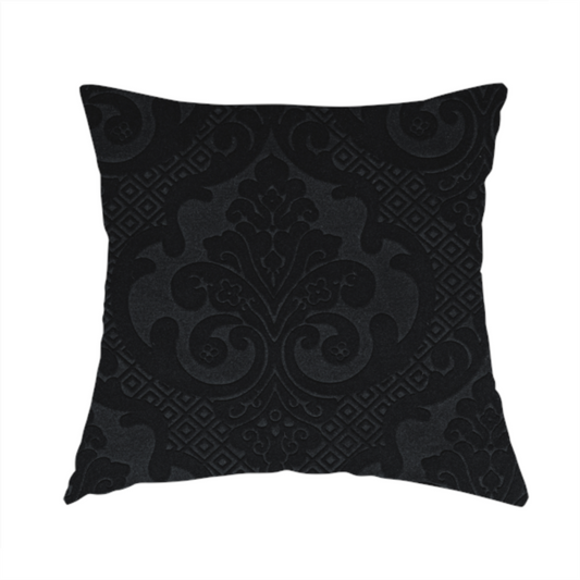 Agra Velveteen Embossed Damask Pattern Upholstery Curtains Fabric In Black Velvet CTR-2769 - Handmade Cushions