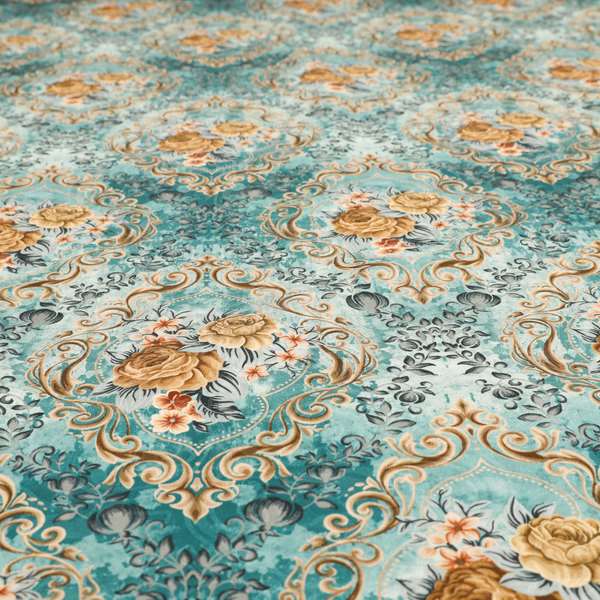 Delight Shiny Floral Printed Pattern Velvet Fabric In Blue Colour Upholstery Fabric CTR-277