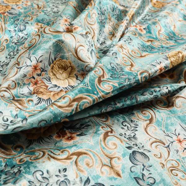 Delight Shiny Floral Printed Pattern Velvet Fabric In Blue Colour Upholstery Fabric CTR-277 - Roman Blinds